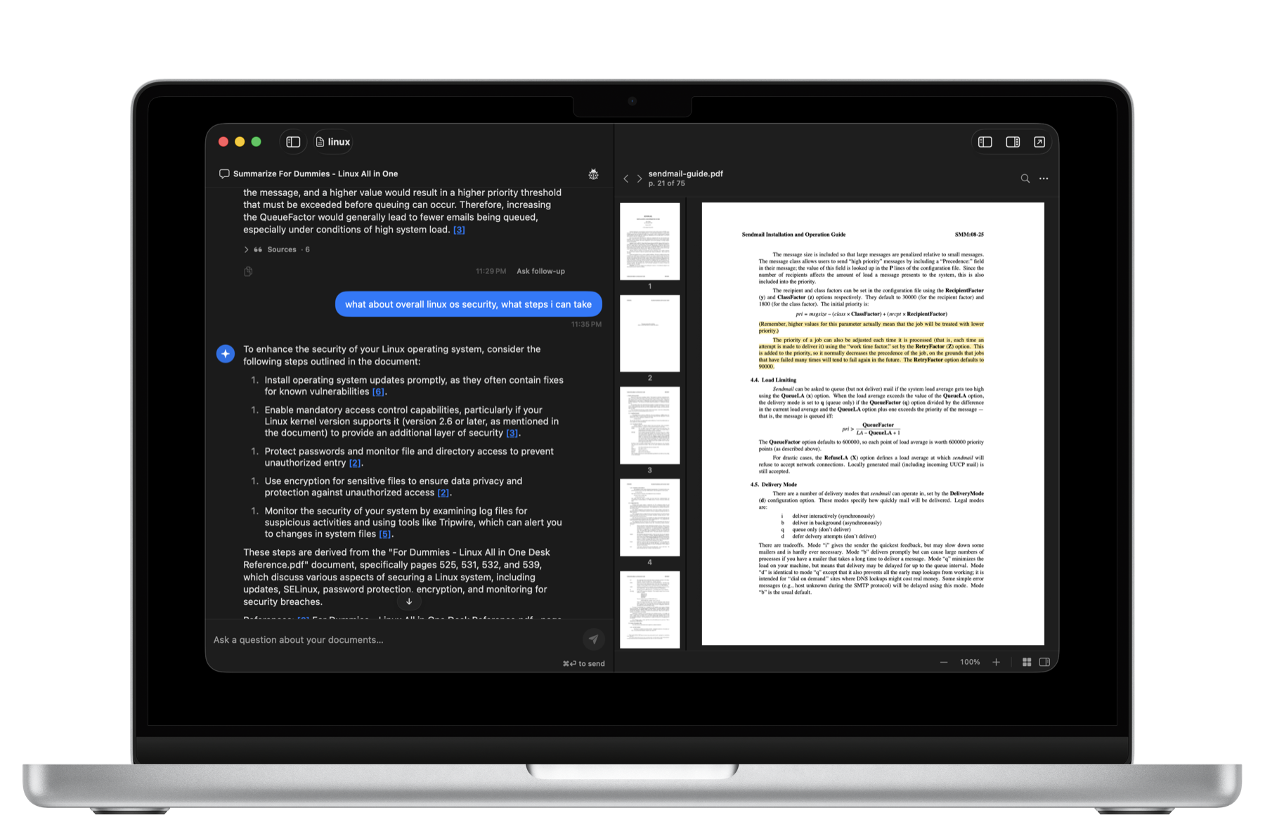 Airgap running on a MacBook, showing a local chat answer beside a cited PDF preview.