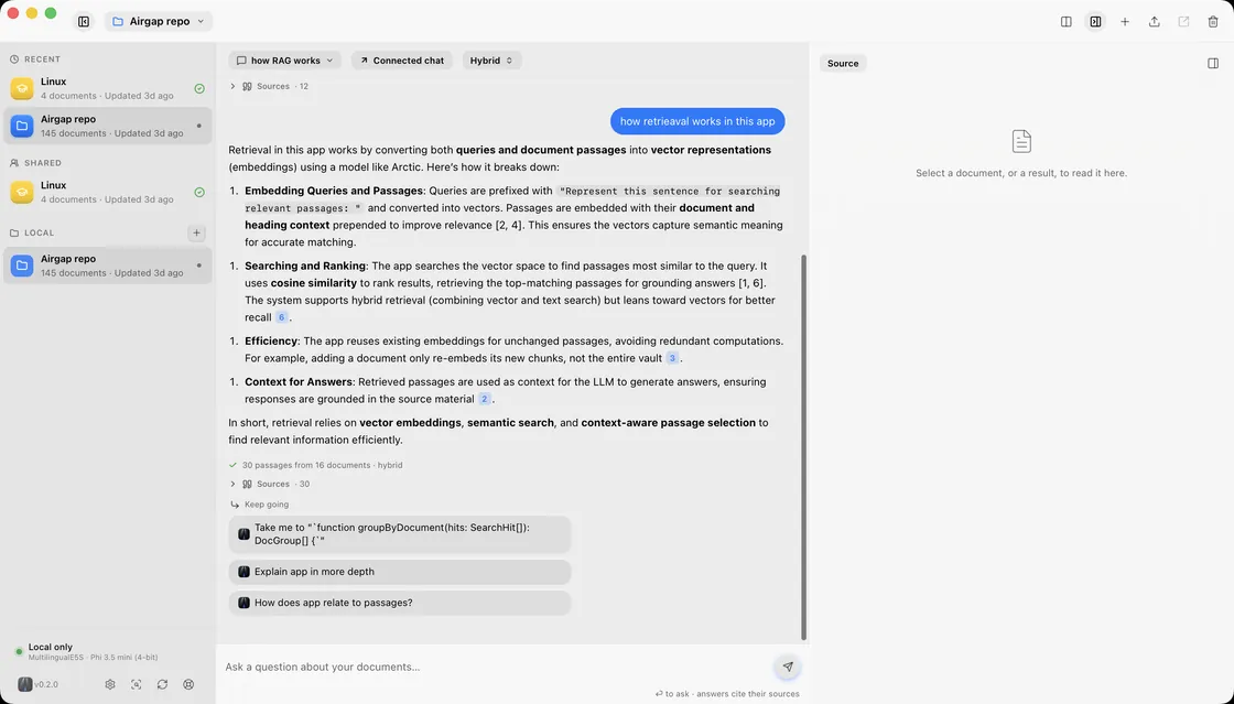 The Airgap chat pane answering a question about how retrieval works, with numbered citations in the text.