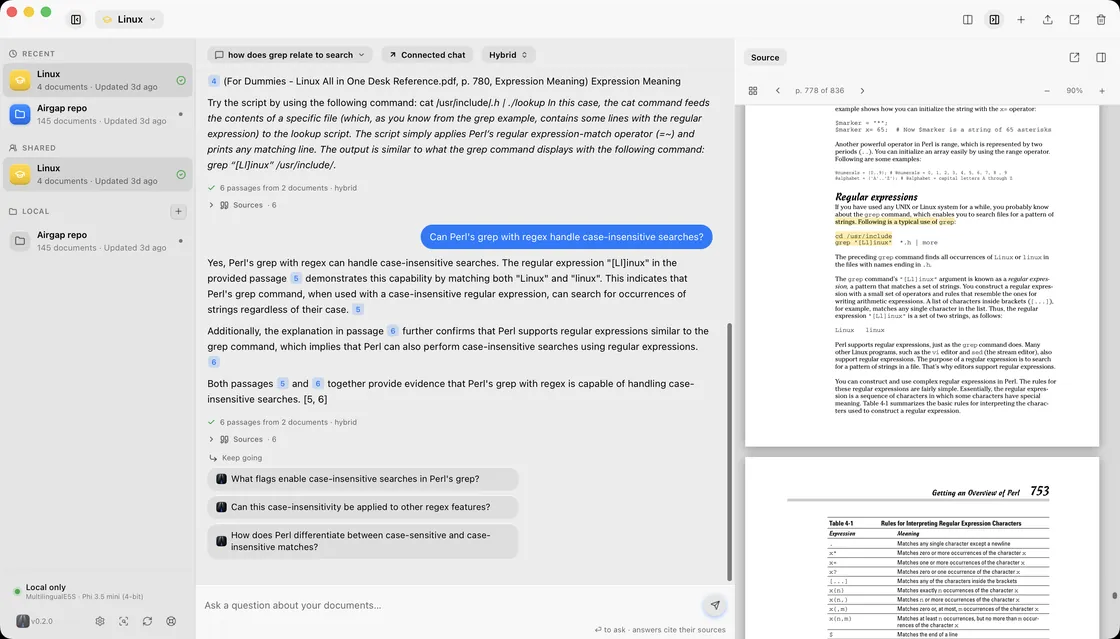 An answer citing two passages, beside the source pane showing page 778 of the PDF with the cited line highlighted.