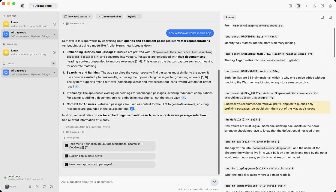 The source pane showing the repository knowledge document derived from embed.rs, with the matched passage highlighted.