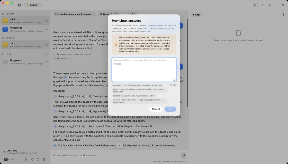 The How this vault answers dialog, with a standing instruction entered and preset suggestions below it.