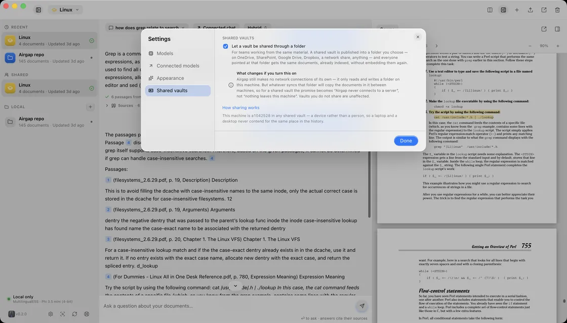 Settings open on Shared vaults, with folder sharing enabled and an explanation of what changes.