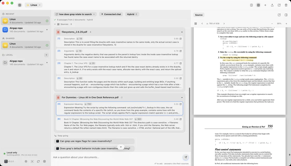 The sources drawer open, listing cited passages grouped under two PDF documents.