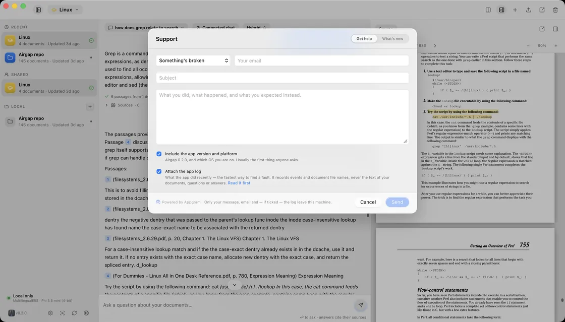 The support form with the version and app log attachment options ticked, and a note about what leaves the machine.
